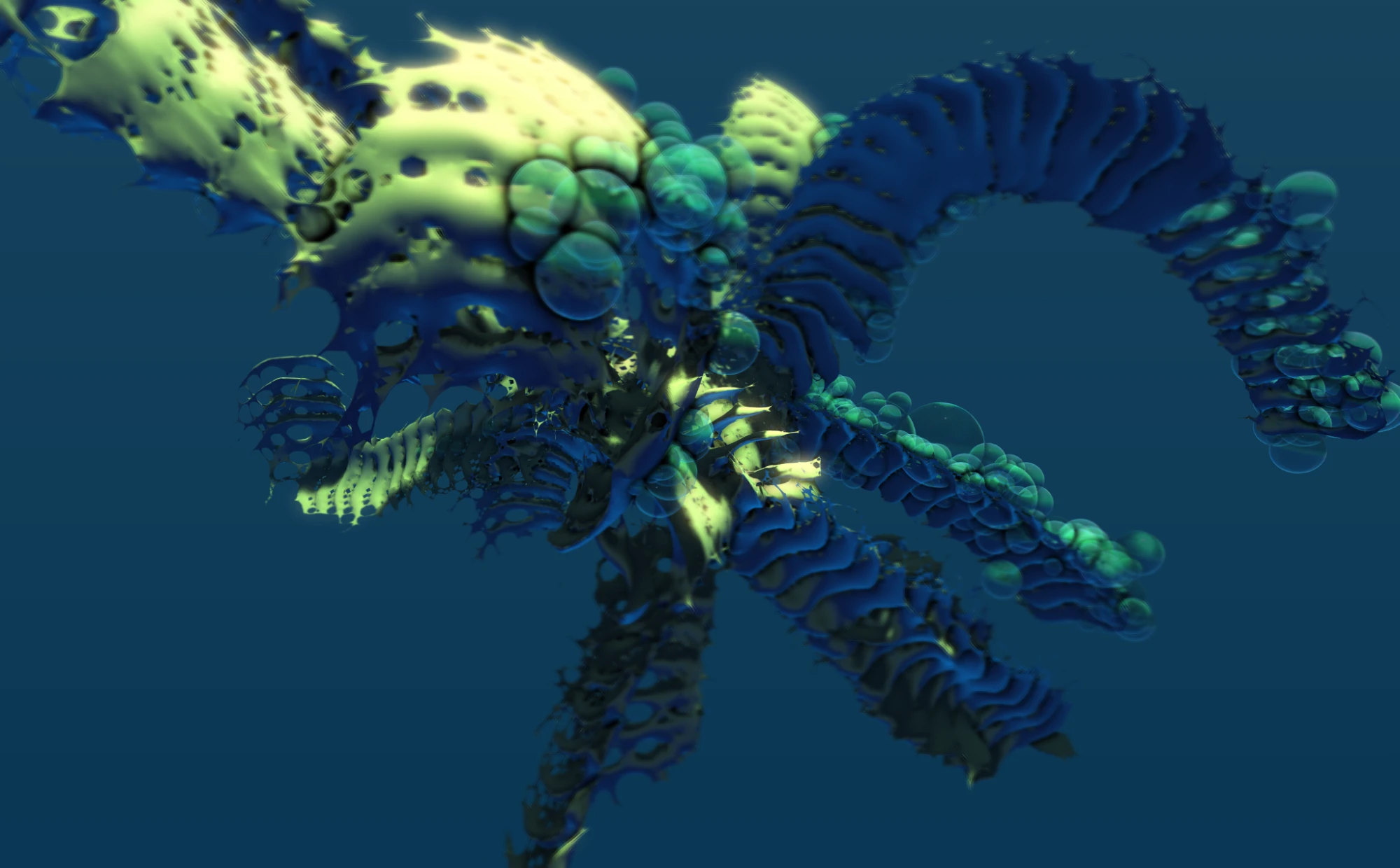 An abstract form built from layered blue and green meshes, ribbed fronds and translucent spheres, lit against a deep blue ground